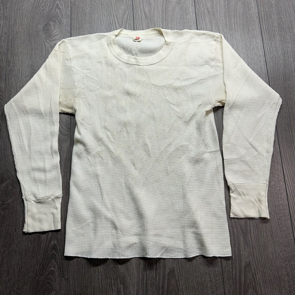 Vintage 70s Hanes Thermal Shirt Waffle Knit Cream Long Sleeve Mens Medium XL Tag